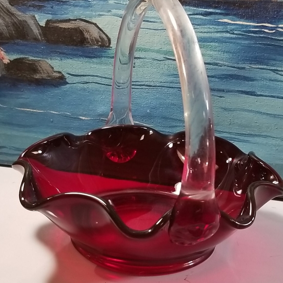 Vintage Ruby Red and crystal Glass Basket w/handl - Picture 4 of 8